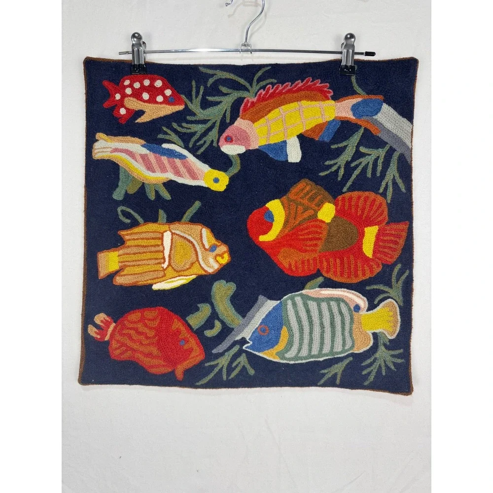 Kashmir Handmade Wool Embroidery Fish‎ Pillow Cover Navy Blue 18x18 Square